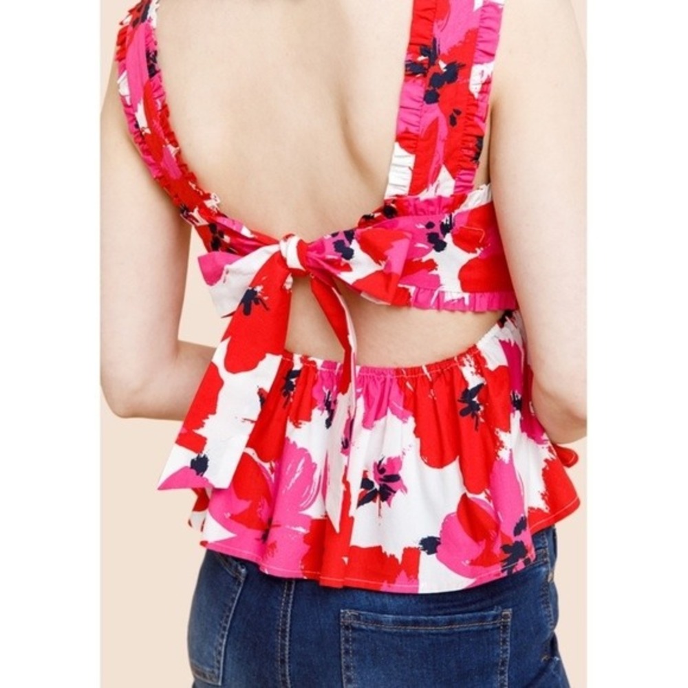 Mi Ami Francescas Red Pink Floral‎ Tie Back Peplum Top WS22053-1 Medium
